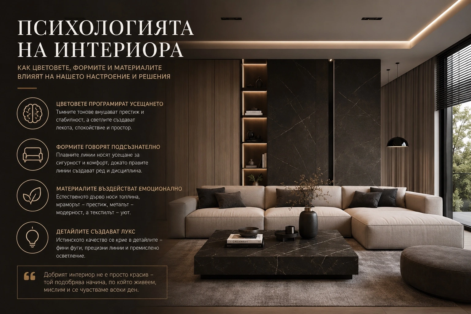 Психология на интериора в модерен дом с естествени материали, меки форми и хармонични цветове